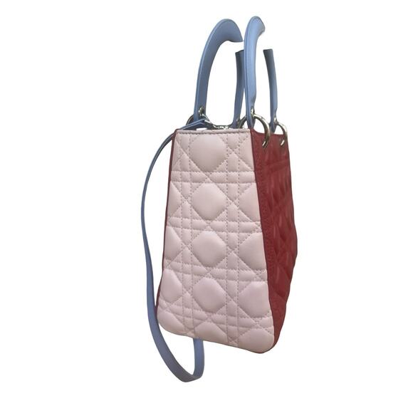 Authentic Dior Mini Lady Dior Tricolour Red / Pink / Blue Lambskin Cannage Bag - Picture 4 of 12
